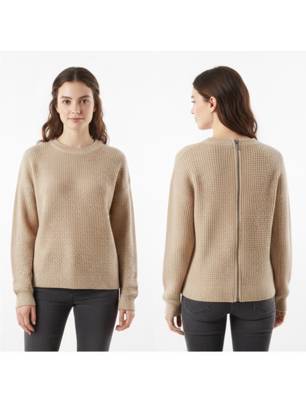 JEANNE PIERRE Beige Waffle-Knit Crewneck Sweater with Back Zip